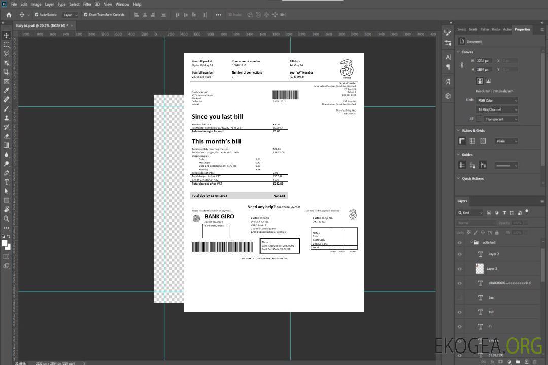 Modèle de facture de services publics d'entreprise Ireland Three.ie aux formats Word et PDF template Modèle de facture de services publics d'entreprise Ireland Three.ie aux formats Word et PDF template